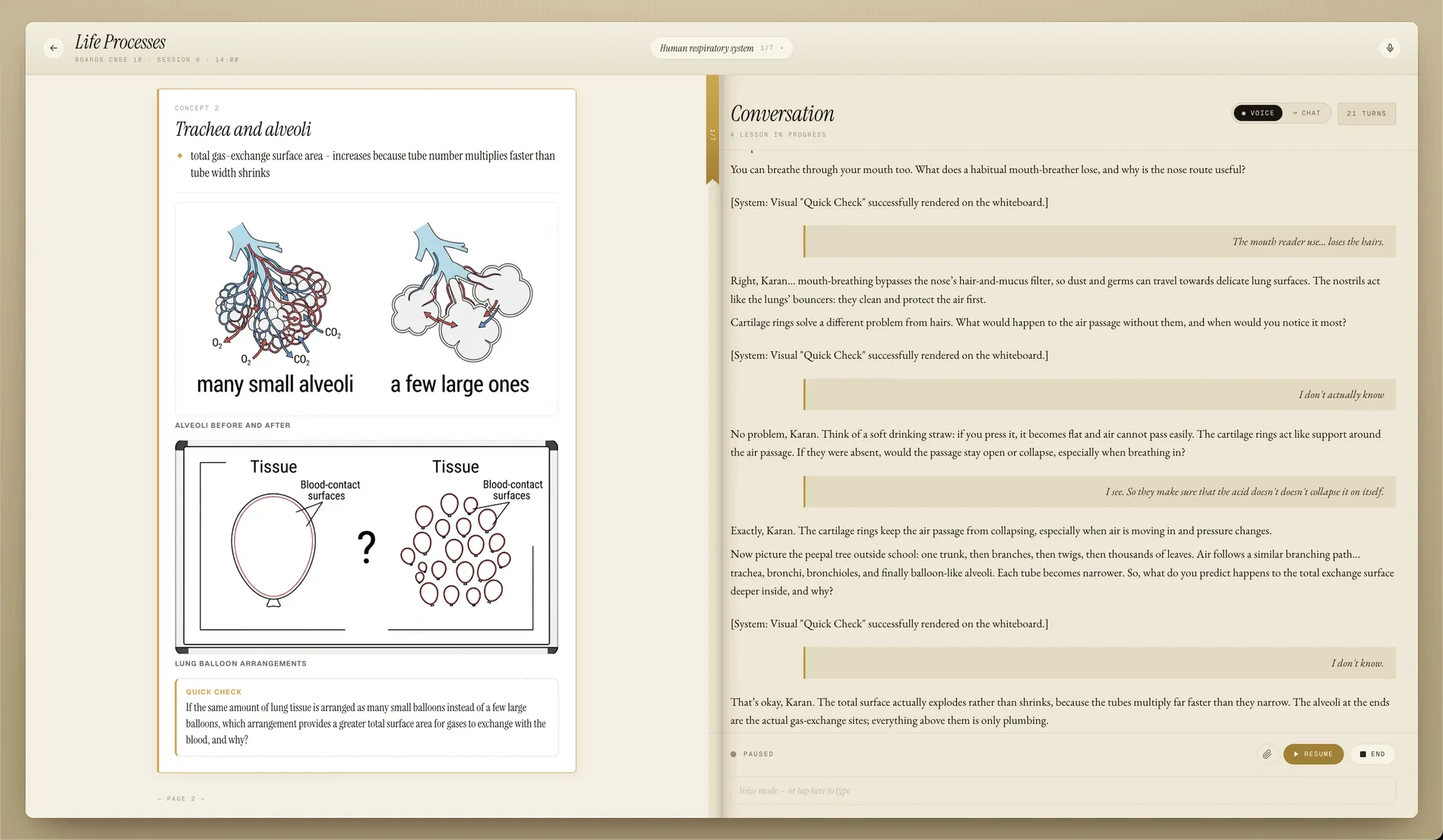 A Samajha class in progress. The left page is the whiteboard: Concept 2, Trachea and alveoli, with a coloured diagram comparing many small alveoli against a few large ones, a second hand-drawn figure asking which arrangement gives more blood-contact surface, and a Quick Check question. The right page is the spoken conversation between the tutor and the student.